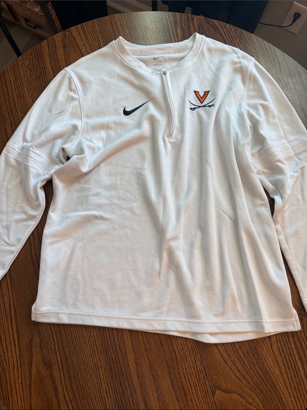 Nike White Long-Sleeve Quarter-Zip Top with Navy Swoosh and UVA Logo